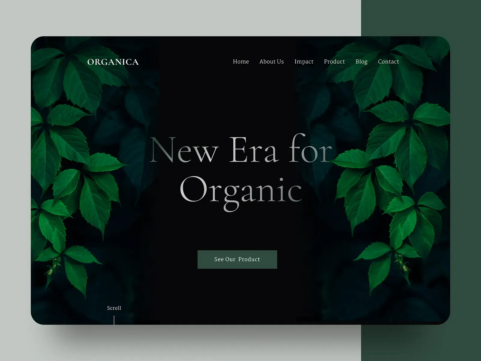 Dark green landing page for an organic brand with leaves and the headline New Era for Organic.
