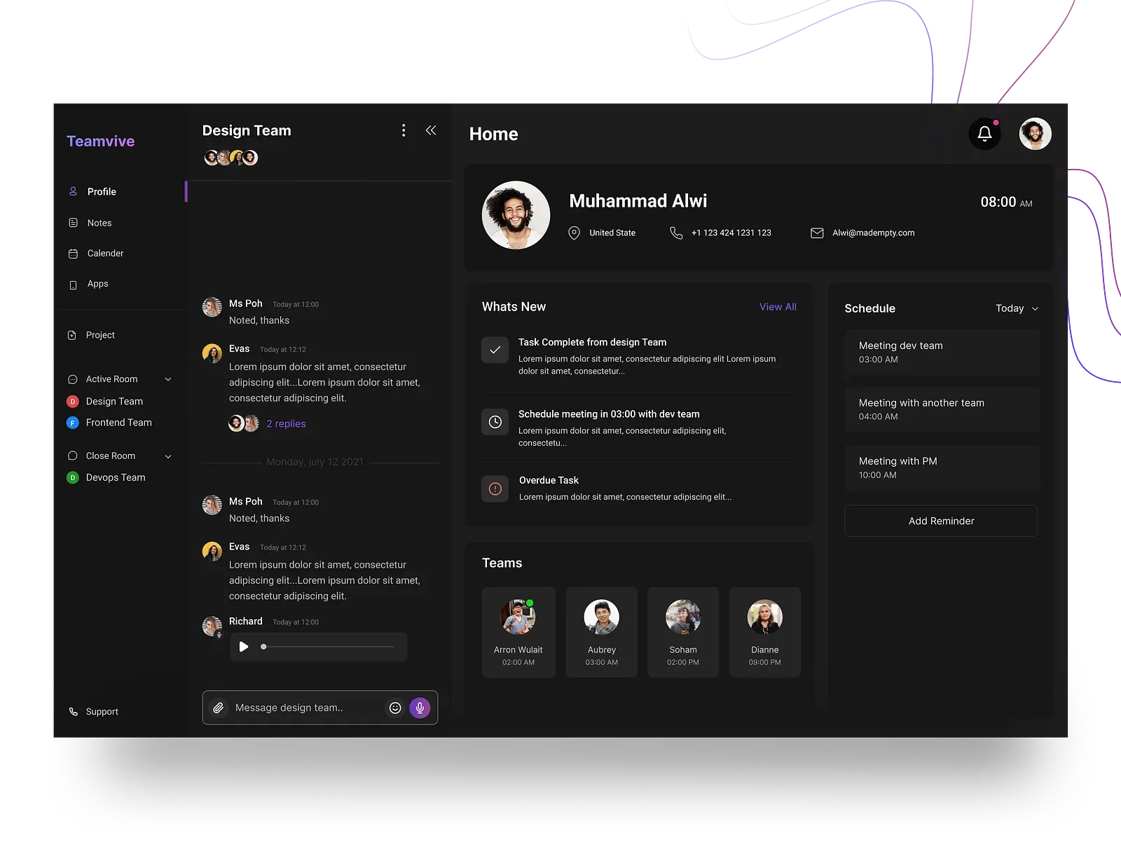 Dark remote-work management dashboard with team chat, tasks and a schedule.