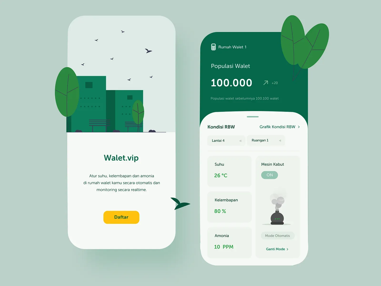 Two green phone screens of a smart monitoring app with temperature and humidity readings.